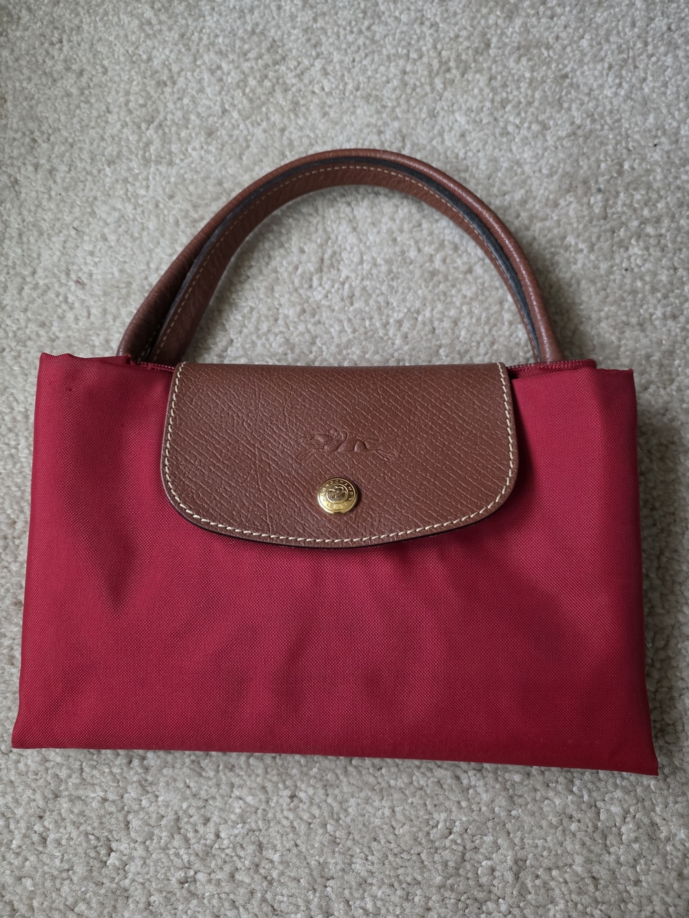 Longchamp Red Tote with Brown Leather Trim